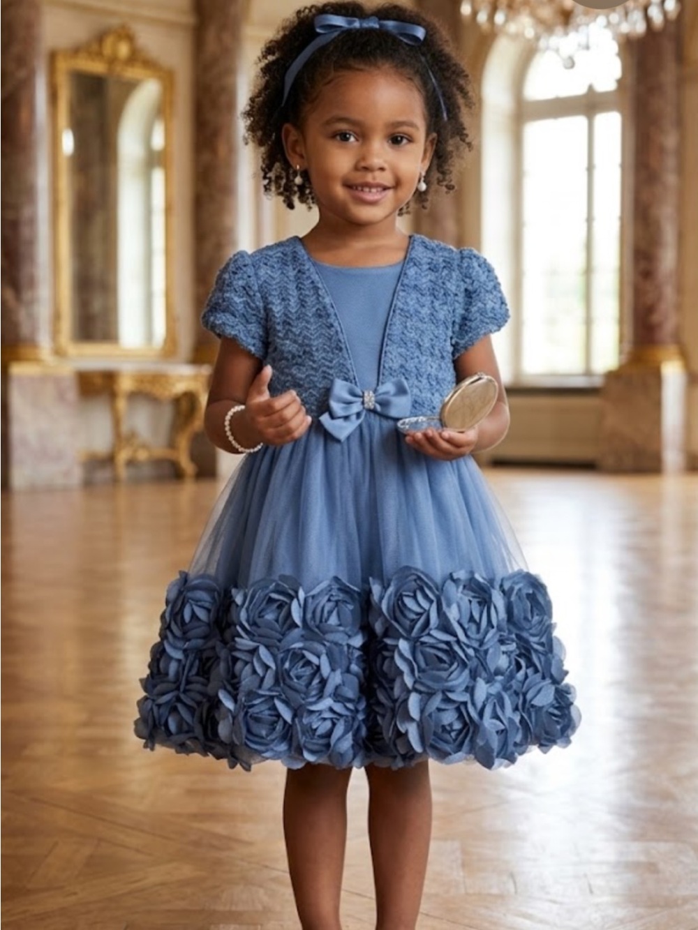 Nannette Dusty Blue Tulle Rosette Party Dress with Knit Bolero